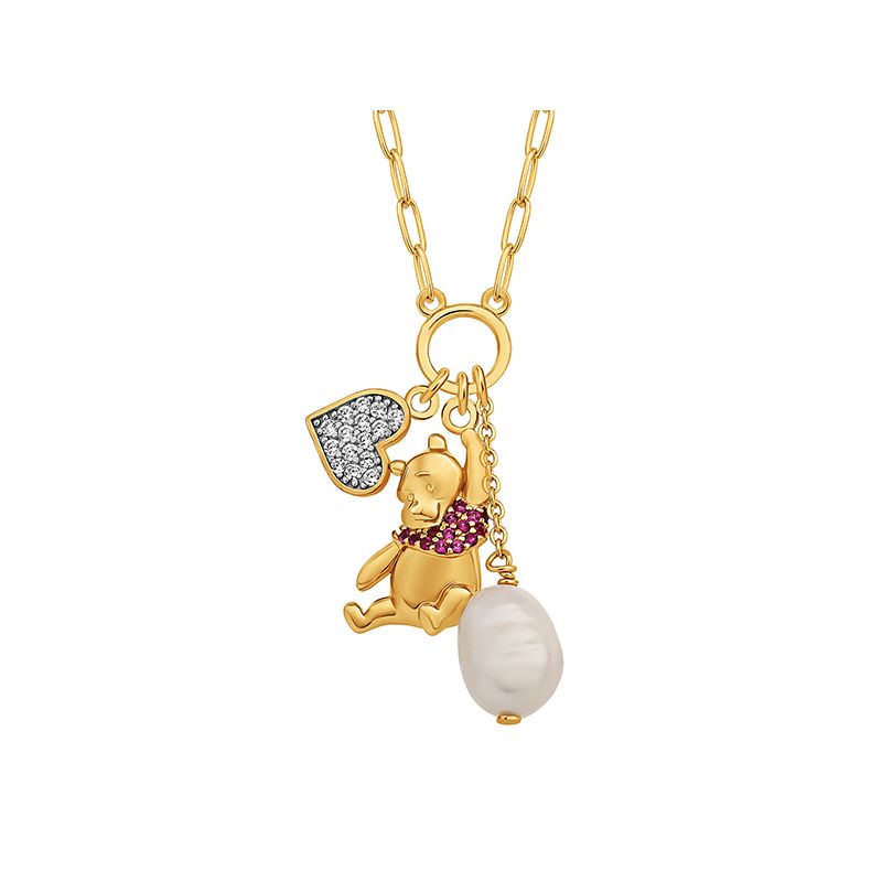 Disney Winnie the Pooh 18K Gold-Plated with Cubic Zirconia Heart, Freshwater Pearl, and Winnie the Pooh Charm Necklace, 1 of 5