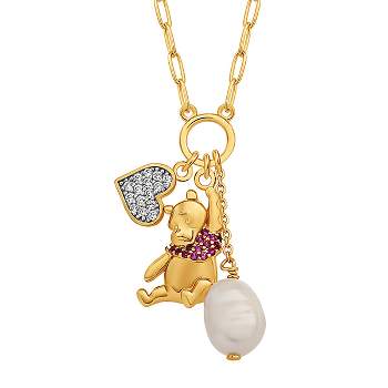 Disney Winnie the Pooh 18K Gold-Plated with Cubic Zirconia Heart, Freshwater Pearl, and Winnie the Pooh Charm Necklace