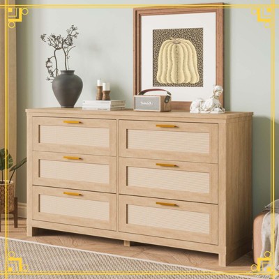 6-Drawer Rattan Dresser, Boho Modern Wood Chest with Metal Handles, Ample Storage, Durable & Safe, for Bedroom, Living Room & Entryway, Natural
