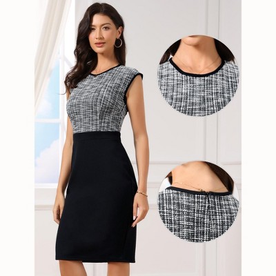 Женские платья INSPIRE CHIC Women's Tweed Crew Neck Sleeveless Patchwork Office Business Bodycon Sheath Dresses Small Black — фото 2