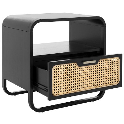 Black and Natural Rattan 1-Drawer Nightstand