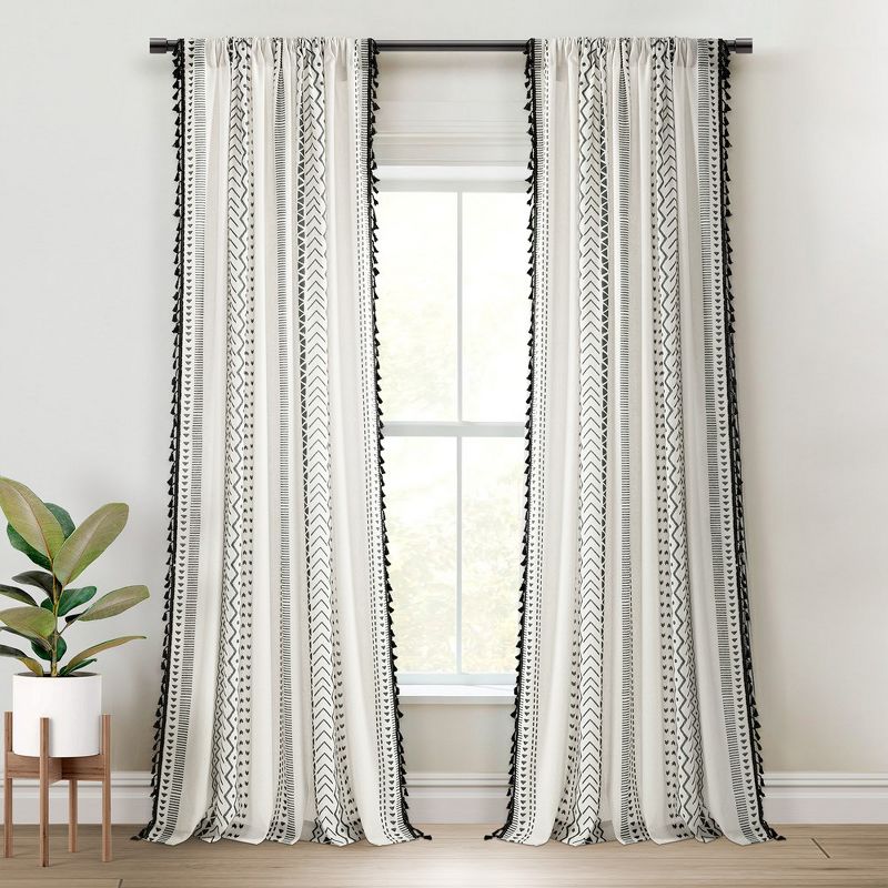 Hygge Boho Stripe Tassel Window Curtain Panels Black/White 52X84 Set, 1 of 6