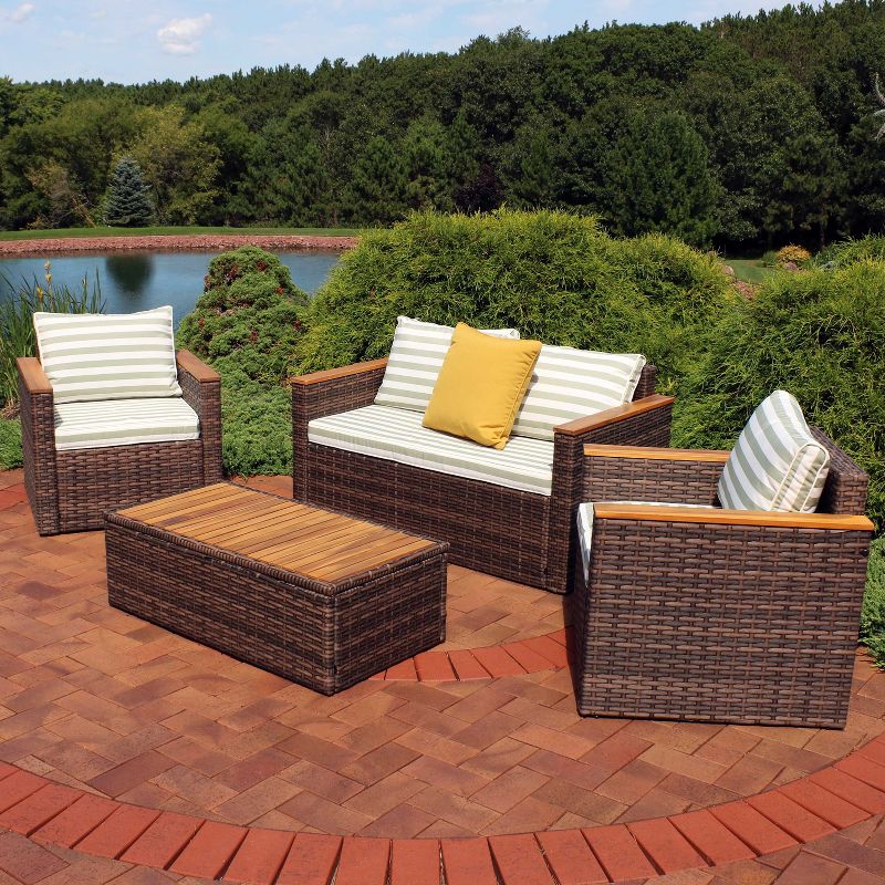 Sunnydaze Outdoor Rattan and Acacia Wood Kenmare Patio Conversation Furniture Set with Loveseat, Chairs, Table, and Seat Cushions - Green Stripe - 4pc, 3 of 13