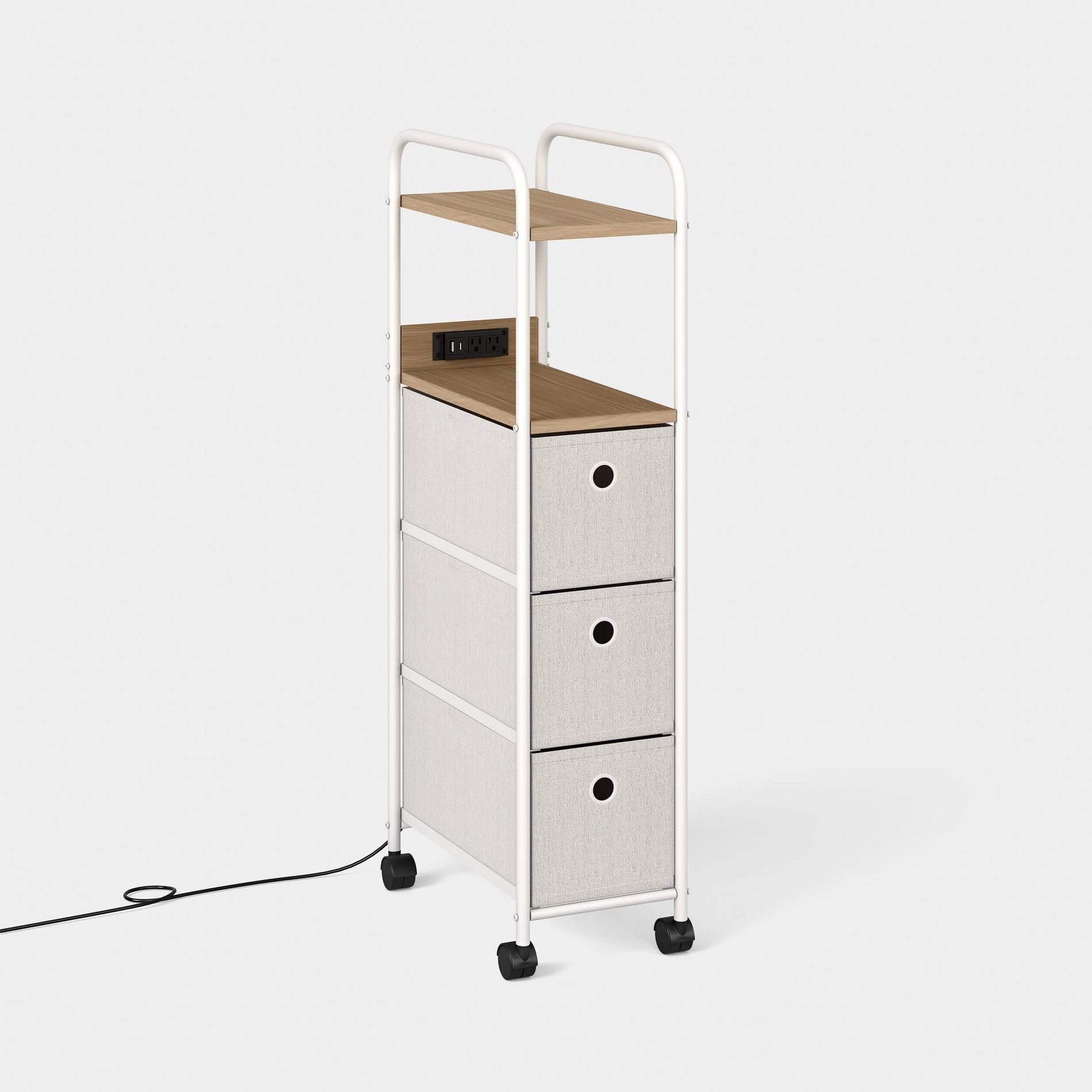 Narrow Rolling Dorm Storage Charging Cart with 3 Fabric Drawers Gray - Room Essentials™