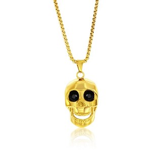 Metallo Mens Stainless Steel Skull Necklace, Black CZ Eyes - Gold Plated - Silver - 24 Inch - 1 of 3