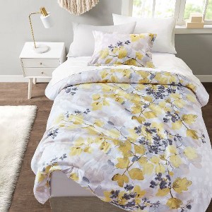 Sapphtopaz Twin 4 Piece Sheet Set, Modern Botanical Comforter & Sheet Set: Yellow and Gray Leaf Print, Comforter Set with Bed Sheets Yellow - 1 of 4