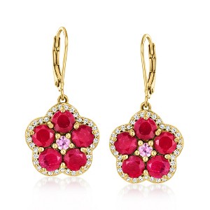 Ross-Simons 7.00 ct. t.w. Ruby and 1.00 ct. t.w. White Topaz Flower Drop Earrings With .40 ct. t.w. Pink Sapphires in 18kt Gold Over Sterling - 1 of 3