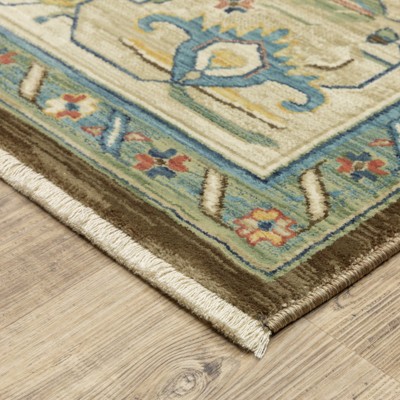 Ivory and Brown Synthetic Bohemian Area Rug with Trim Embellishment