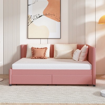 Full Size Upholstered Daybed with Storage Drawers and Backrest, Linen Sofa Bed for Bedroom or Guest Room-Baofuwish