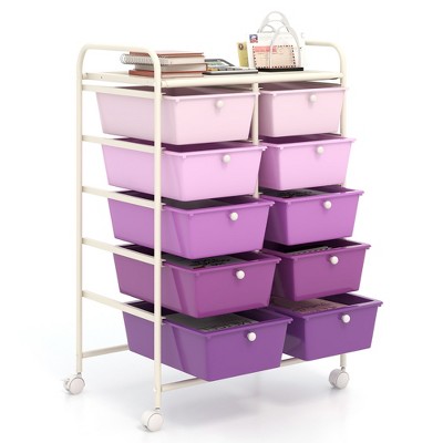 Tangkula 10 Drawers Rolling Cart Classroom Organizers Storage Cart with Wheels for Office Home School Supplies Tool Craft Art Paper Purple Gradient