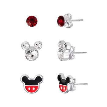 Disney Mickey Mouse Silver Plated Crystal Stud Earring Set, 3 Pairs