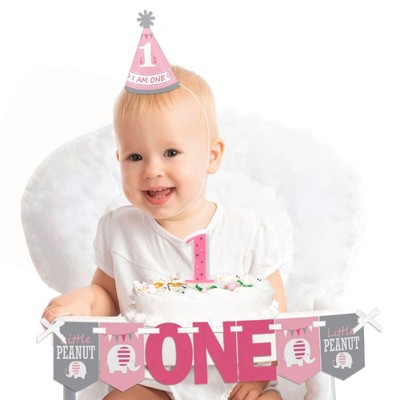 Big Dot of Happiness Pink Elephant 1st Birthday - First Birthday Girl Smash Cake Decorating Kit - High Chair Decorations