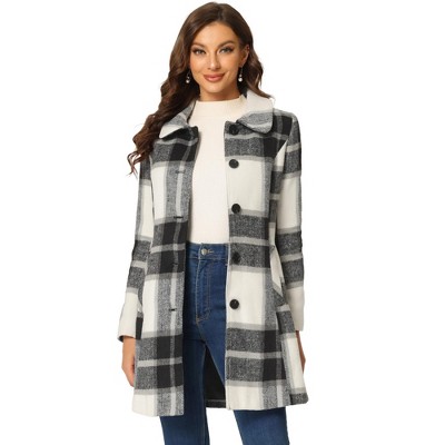 Allegra K Women's Buffalo Checks Winter Peter Pan Collar Long Plaid Coat