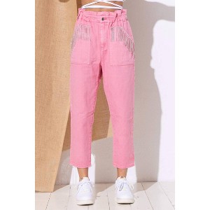Women's Washed Twill Denim Rhinestone Pocket Fringe Pants - Blue B - 1 of 4