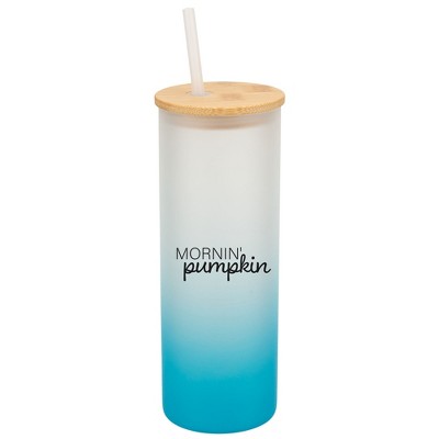 Elanze Designs Mornin' Pumpkin Fall Season Wrap-Around Design 25 Ounce Frosted Gradient Glass On-The-Go Coffee Travel Skinny Tumbler Mug Cup, Bamboo
