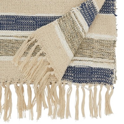 Blue and Beige Cotton Striped Table Runner with Fringe