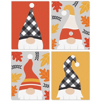 Big Dot of Happiness Fall Gnomes - Unframed Autumn Leaf Linen Paper Wall Art - Set of 4 - Artisms - 11 x 14 inches