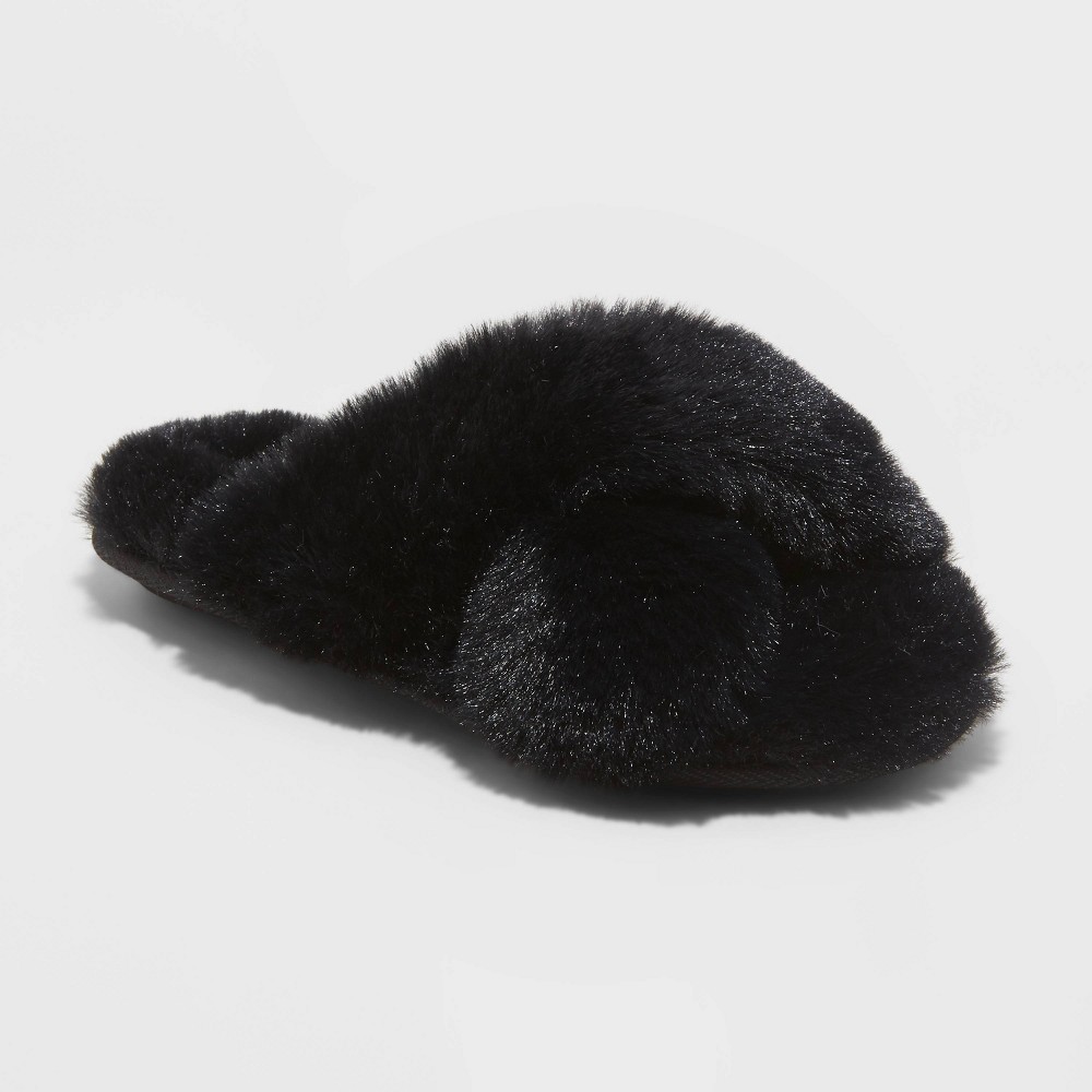 size small Girls' Brooklyn Crossband Fur Slippers - Cat & Jack Black