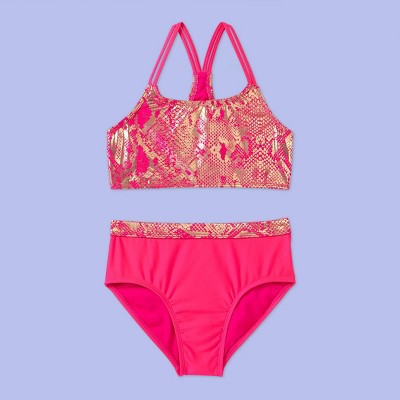 Girls' Shiny Snake Print with Gold Foil Bikini Set - More Than Magic™ Pink XXL