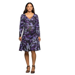 24seven Comfort Apparel Maternity Long Sleeve Wrap Dress with Belt in Purple Black Print - 1 of 3