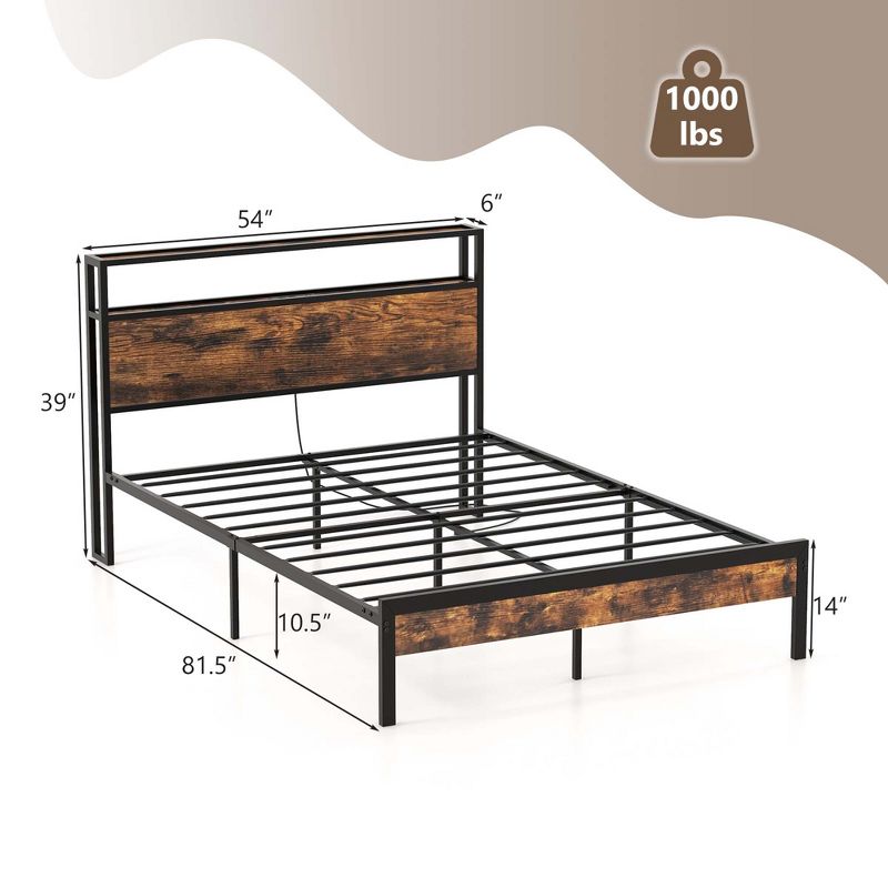 Costway Twin/Full/Queen Bed Frame with Storage Headboard Charging Station 18W USB C Port Rustic Brown, 4 of 11