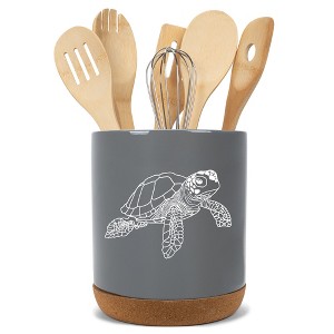Elanze Designs 8 inch Nautical Sea Turtle Large Ceramic Kitchen Utensil Holder Gray and White Crock with Cork Base - 1 of 4