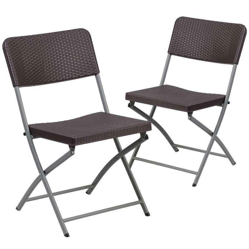 Flash Furniture 2 Pack HERCULES Series Brown Rattan Plastic Folding Chair with Gray Frame, 1 of 9
