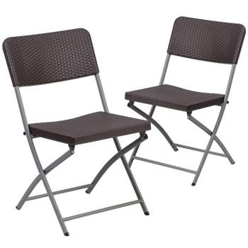 Flash Furniture 2 Pack HERCULES Series Brown Rattan Plastic Folding Chair with Gray Frame