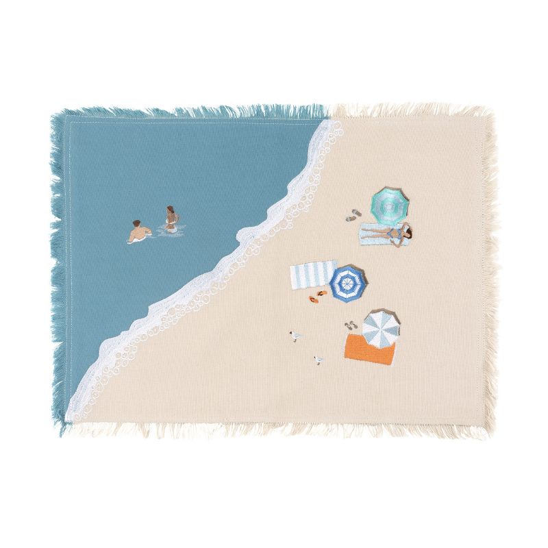 RightSide Designs Beach Scene Blue and Natural Embroidered Placemat, 1 of 3
