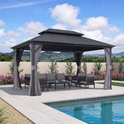 PURPLE LEAF Permanent Hardtop Gazebo Aluminum Frame Gazebo with Galvanized Steel Double Roof, UV-Resistant, Netting & Curtains included - Grey