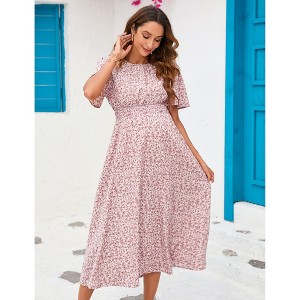 Women's Maternity Dress Floral Ruffles Short Sleeve Dress Boho Smocked Scoop Neck Midi Dress for Photoshoot Baby Shower - 1 of 4