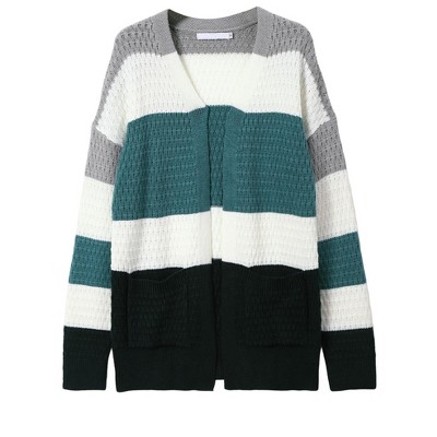 Womens Color Block Cardigan Lightweight V Neck Crochet Knit Sweater Cardigan Open Front Soft Comfy Knitwear,Green - M