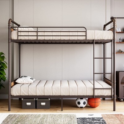 Metal Bunk Bed Twin Over Twin for Kids, Heavy Duty Twin Size Convertible Bunk Bed with Guardrail & Ladders