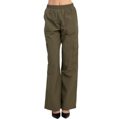 Slickblue Olive Cargo Parachute Pants, High-Rise Waist, Elastic Waistband, Side Pockets, Full Length, Size S-L