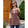 Women's Long Sleeve Waffle Henley Shirts Button Down Round Neck T Shirts Side Splite Color Block Casual Work Blouses - 3 of 4