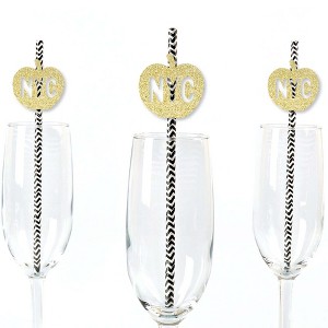 Big Dot of Happiness Gold Glitter NYC Apple Party Straws - No-Mess Real Glitter Cut-Outs and Decorative New York City Party Paper Straws - Set of 24 - 1 of 4