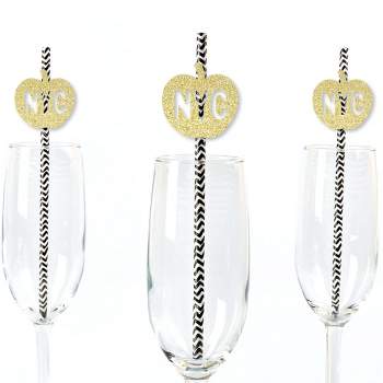Big Dot of Happiness Gold Glitter NYC Apple Party Straws - No-Mess Real Glitter Cut-Outs and Decorative New York City Party Paper Straws - Set of 24