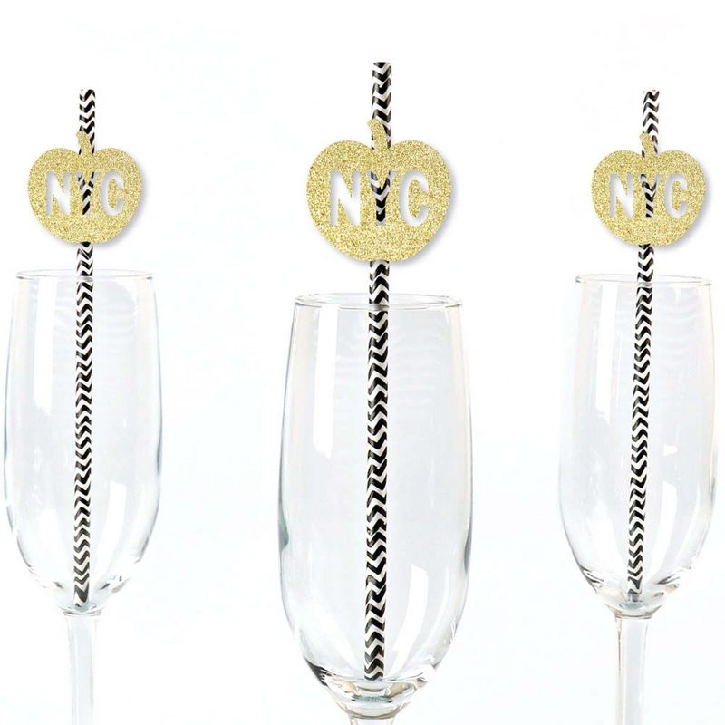 Big Dot of Happiness Gold Glitter NYC Apple Party Straws - No-Mess Real Glitter Cut-Outs and Decorative New York City Party Paper Straws - Set of 24, 1 of 8