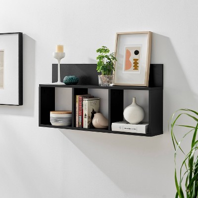 Black MDF 34" Floating Cube Wall Shelf with Display Ledge