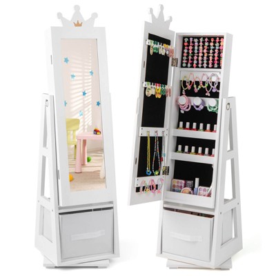 Infans Kids Jewelry Cabinet w/ Full-Length Mirror Foldable Drawer Anti-toppling System