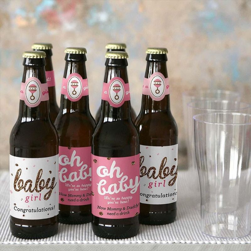 Big Dot of Happiness Hello Little One - Pink and Gold - Girl Baby Shower Decorations for Women and Men - 6 Beer Bottle Label Stickers and 1 Carrier, 5 of 6