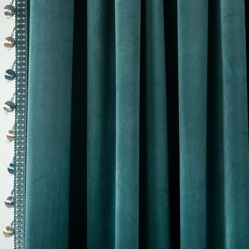 Luxury Vintage Velvet With Silky Pompom Trim Window Curtain Panel Blue Single 52X84, 3 of 5