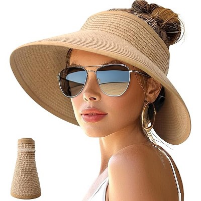 Fisfet Sun Hats for Women Wide Brim Roll-Up Beach Ponytail Hat Packable Foldable Travel Straw Visor