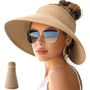 Fisfet Sun Hats for Women Wide Brim Roll-Up Beach Ponytail Hat Packable Foldable Travel Straw Visor - 1 of 1