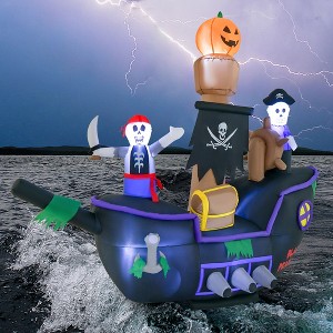Costway 7FT Long Halloween Inflatable Pirate Ship Blow-up Skeleton Pirate Decoration with Bright LED Lights and Waterproof Blower & Water Bags - 1 of 4