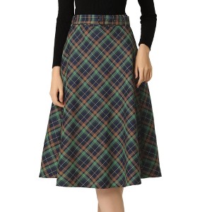 INSPIRE CHIC Women's Tartan Plaid High Waist Belted Vintage A-Line Midi Skirt - 1 of 4