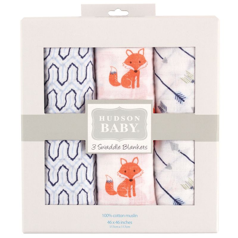 Hudson Baby Infant Boy Cotton Muslin Swaddle Blankets, Foxes, One Size, 3 of 4