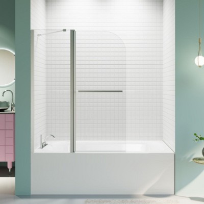 Chrome Pivot Bathroom Tub Door with Frameless Bi-Folding Design, crafted from SGCC Tempered Glass, perfect for tub enclosures.