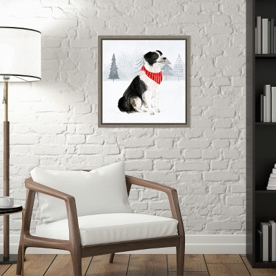 Festive Dog in Snowy Landscape Canvas Wall Art