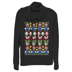 Juniors Womens Nintendo Ugly Christmas Mario Cowl Neck Sweatshirt - 1 of 3
